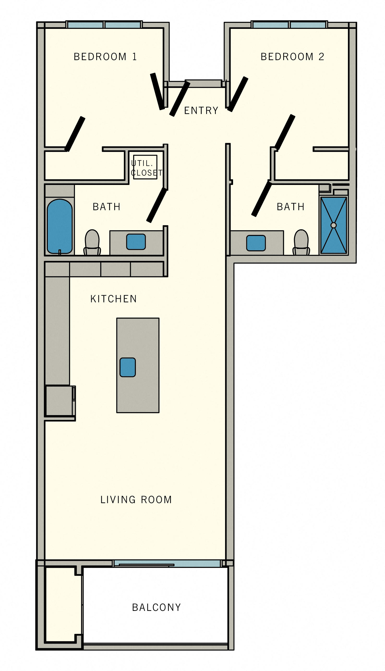 Floor plan for 2 beds, 2 baths, 931 sqft